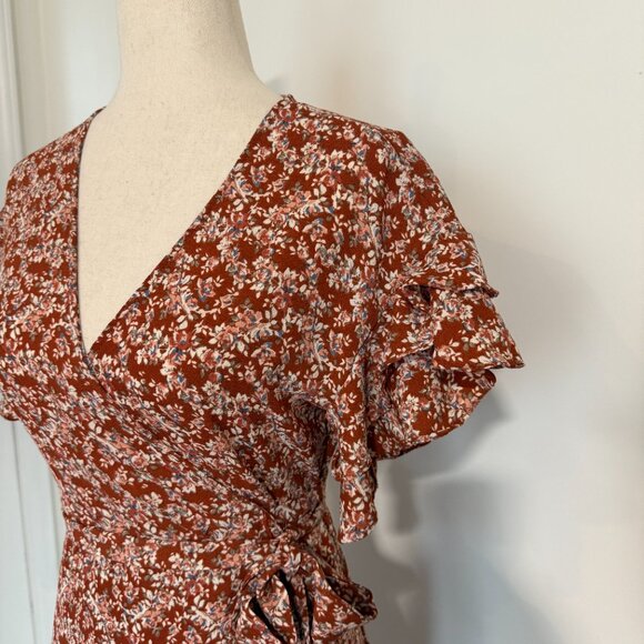 NWT Max Studio Size XS Brown Floral Wrap Dress Short Sleeve Ruffles Midi Dress - Picture 11 of 11